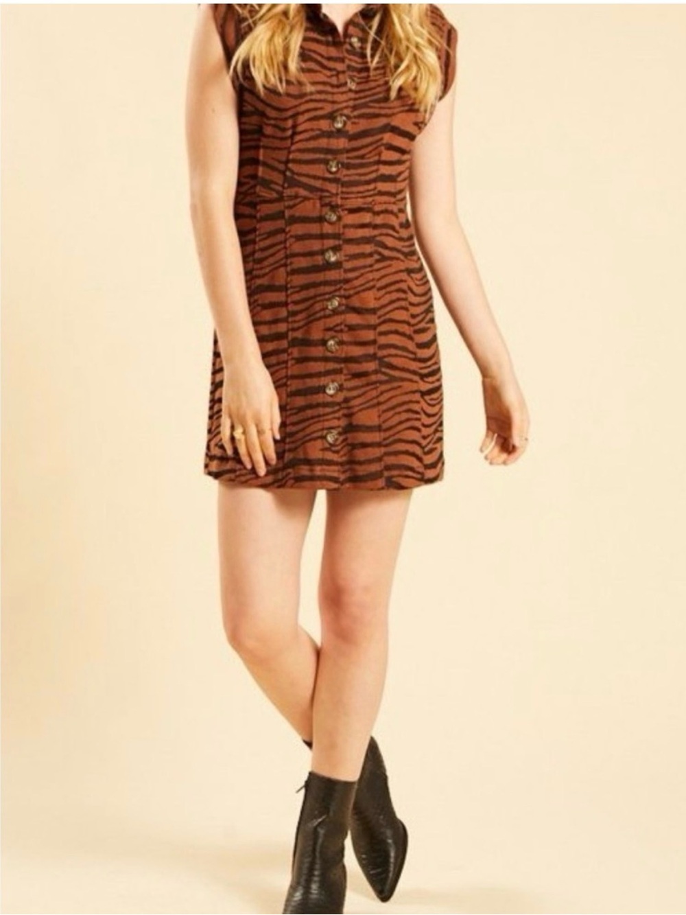 Free People Button-Front Tiger Print Sleeveless Dress - Rust & Black